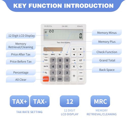 Desktop Calculator Large Display Big Buttons with 12 Digits 2-line | Solar Power and Battery, Accounting Calculator with Tax and Check Function for Office, Home and Business (OA-608) - size: OA-608