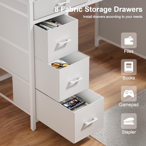 HLDIRECT 47 Inch Gaming Desk with LED Light and 8 Storage Drawers, White - color: White