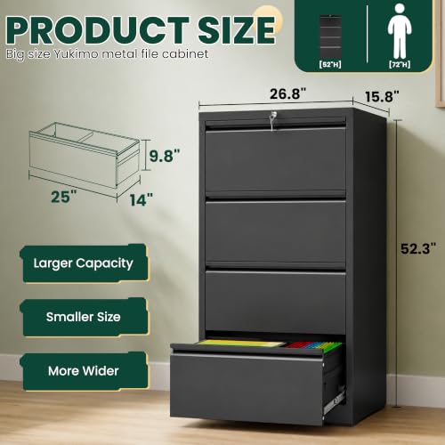 4 Drawer Lateral File Cabinet with Lock, File Cabinet for Home Office,Black | Heavy-Duty Steel Locking File Cabinet, Hanging Letter/Legal/A4 Size, Full-Extension Silent Drawer, Un-Assembly - color: Black, size: 4 Drawers