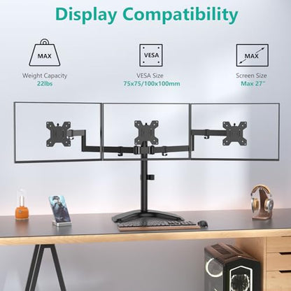 WALI Triple Monitor Stand, Free Standing for 13-27 inch Screens,up to 22lbs | 3 monitor stand for desk, Adjustable, Full Motion with Tilt, Swivel, Rotation, C-Clamp & Grommet Base, VESA 75/100mm (MF003) - size: Triple, style: Free-Standing