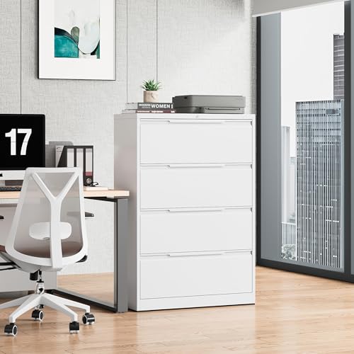 Bestoo 4 Drawer File Cabinet, Metal Lateral Filing Cabinet with Lock - color: White, size: 4 Drawer 15.7" D x 35.4" W x 51.8" H