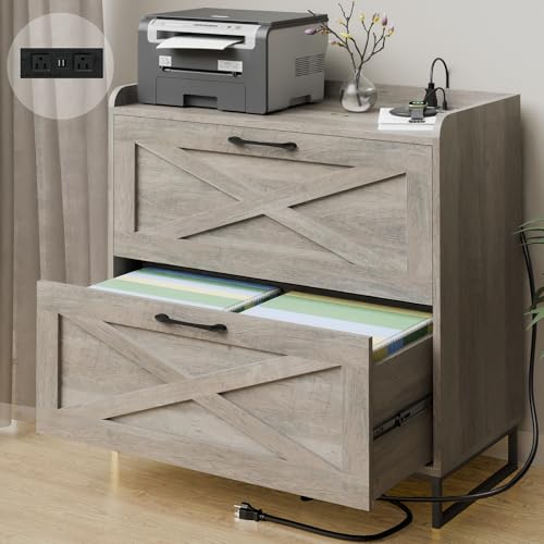 Vabches 2 Drawer Lateral File Cabinet with Charging Station, Washed Gray - color: Washed Gray