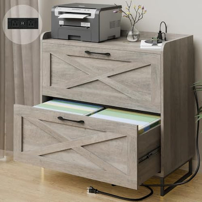 Vabches 2 Drawer Lateral File Cabinet with Charging Station, Washed Gray - color: Washed Gray