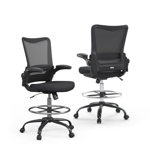 Drafting Chair,Tall Office Chair for Standing Desk,Office Drafting Chair with Footrest Ring,High Office Chair with Tilt Back,Extra Tall Office Chairs with Flip Up Armrest - color: Black Frame&seat