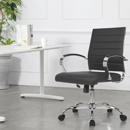 LANDSUN Home Office Chair Mid Back Desk Chair PU Leather Ribbed Executive Swivel Computer Chair with Wheels and Armrests Soft Padded Adjustable Height Conference Task Black