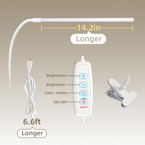 Clip on Desk Lamp with Long Flexible Arm, 3 Color Modes & 10 Dimmable Brightness LED Task Light, USB Powered for Home Office, Sewing, Study, Craft, Easel