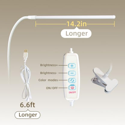 Clip on Desk Lamp with Long Flexible Arm, 3 Color Modes & 10 Dimmable Brightness LED Task Light, USB Powered for Home Office, Sewing, Study, Craft, Easel