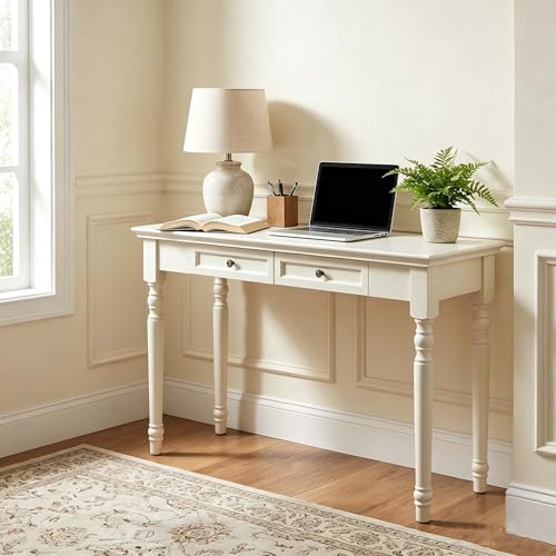 47" Narrow Solid Wood Writing Desk with Drawers, White - color: White, size: Narrow-47 inches