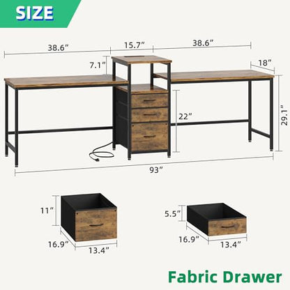 GYIIYUO 93'' Two Person Desk with Charging Station, Long Desk with 3 Drawer | Double Computer Desk with Printer Shelf, 2 Person Writing Study Table Workstation for Home Office, Rustic Brown - color: Rustic Brown
