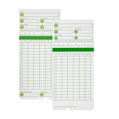 Time Cards for Employees Monthly,Numbered Days,All Pay Periods,300 Count,2-Sided,3 3/8" x 7 3/8",Green Print,Timecards for Time Clocks