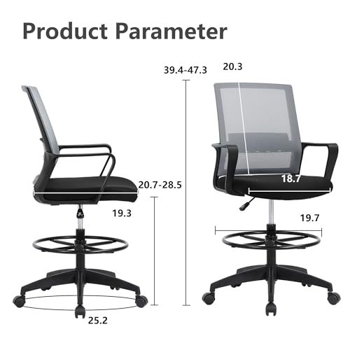 PayLessHere | Drafting Chair | Grey | Tall Office Chair with Adjustable Seat Height & Footrest, Ergonomic Mesh Back, Lumbar Support, 360 Degree Swivel Rolling Wheels | for Workspaces & Home Office - color: Grey