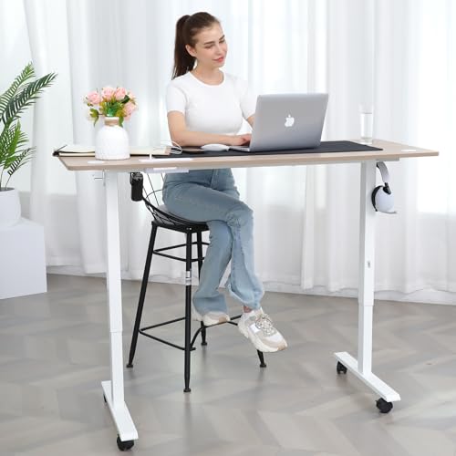 farexon 48 x 24 inch Standing Desk Electric Adjustable Height with Power Outlets, Stand up Desk with Wheels, Preset Heights Home Office Gaming Computer Workstations Table（Oak - color: Oak, size: 48 x 24''-Outlets