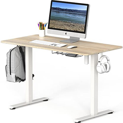SHW 48-Inch Electric Height Adjustable Sit to Stand Desk, Maple | with Hanging Hooks and Cable Management, White Frame and Maple Top - color: Maple, size: 48-Inch