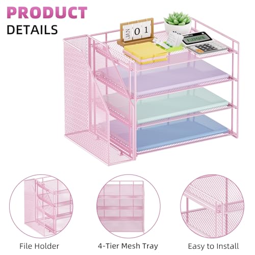 Marbrasse 4-Tier Paper Tray Organizer with File Holder, Pink | Sturdy Paper Tray, Built-in File Holder, fits Letters/Docs, Saves Desk Space, for School/Office/Home - color: Pink