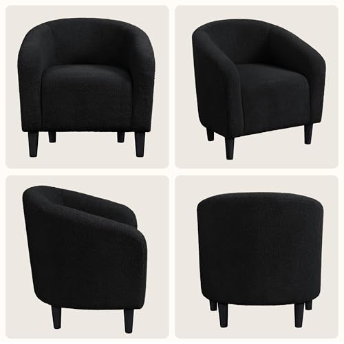 Yaheetech Sherpa Accent Chairs, Compact Furry Barrel Chairs with a Curved Silhouette for Small Spaces, Living Room, Bedroom, Black - color: Black (Boucle), style: without Ottoman