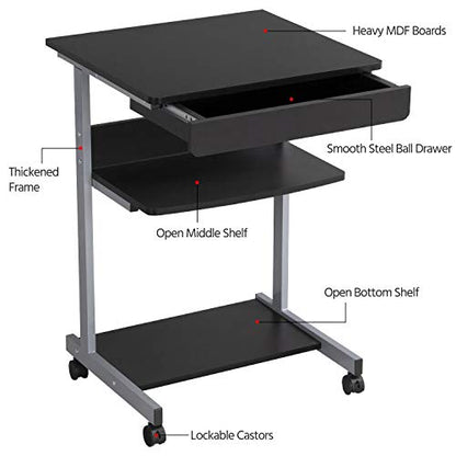 Yaheetech Tiny Mobile Computer Desk, 3-Tier Rolling Cart with Drawer, Black - color: Black