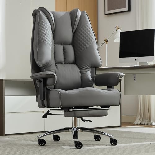 EXCEBET Big and Tall Office Chair 400lbs Wide Seat, Leather High Back Executive Office Chair with Foot Rest, Ergonomic Chairs Lumbar Support for Lower Back Pain Relief (Grey) - color: Grey