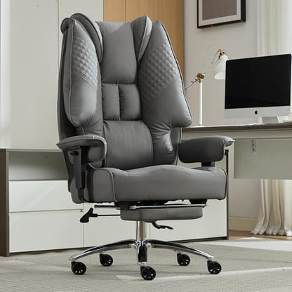 EXCEBET Big and Tall Office Chair 400lbs Wide Seat, Leather High Back Executive Office Chair with Foot Rest, Ergonomic Chairs Lumbar Support for Lower Back Pain Relief (Grey) - color: Grey