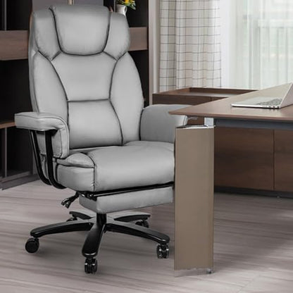 Reclining Office Chair with Footrest, Big and Tall Home Office Desk Chairs 400lbs with High Back, Criss Cross Wide Seat, Heavy Duty Base, Pu Leather, Grey - color: Grey