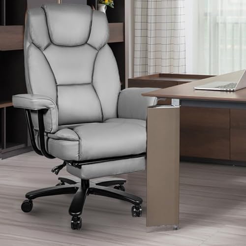Reclining Office Chair with Footrest, Big and Tall Home Office Desk Chairs 400lbs with High Back, Criss Cross Wide Seat, Heavy Duty Base, Pu Leather, Grey - color: Grey