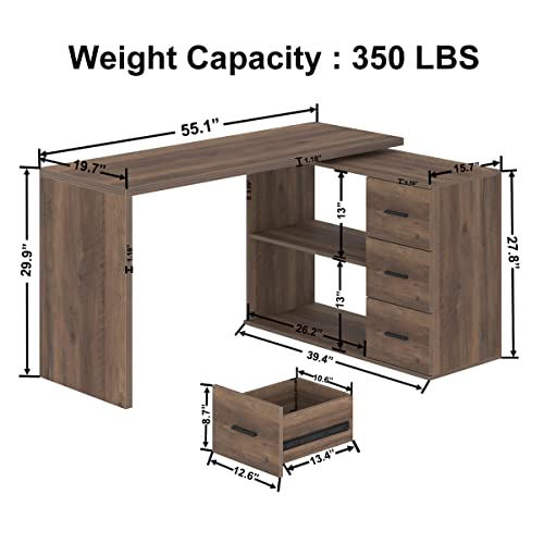 HSH Rustic L Shaped Computer Corner Desk with 3 Storage Drawers 55 inch | Reversible Home Office Corner Desk with 2 Open Side Shelves Modern Wood Executive L Desks for Bedroom,Study Workstation - color: Rustic Oak, size: 55 Inch
