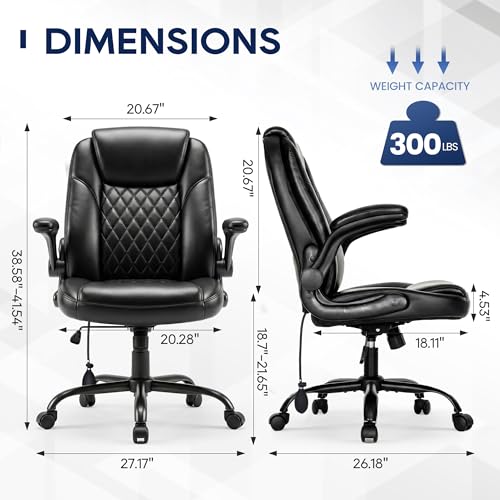 MALOL Leather Office Chair, Computer Desk Chair with Adjustable Lumbar Support, Thick Cushion, Flip-Up Arms and Ergonomic Back, Comfy Executive Office Chair for Home Office Gaming,Black - color: Black, size: set of 1