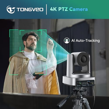 TONGVEO AI 4K PTZ Camera with Auto Tracking, 10X Optical Zoom Video Conferencing Camera, HDMI & USB 3.0 Plug and Play Webcam for Zoom, Teams, Church Worship, Live Streaming, Education - color: Grey