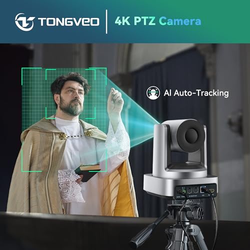 TONGVEO 4K AI 10X PTZ Conference Camera System＆ Bluetooth Speakerphone | 10X Optical Zoom 4K Video Camera, AI Auto Tracking 116° Wide-Angle, 16.4ft Audio Pickup Microphone for Church Worship - color: Silver