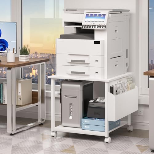 Lerliuo White Large Printer Stand with Storage | 23.6" W x 23.6" D x 22.8" H Printer Table for Home Office, Rolling Printer Cart Holder with Lockable Wheels & Side Pocket - color: White