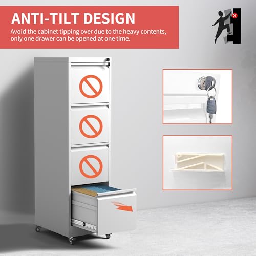 IKIMI 4 Drawer Mobile File Cabinet with Lock,White Metal Filing Cabinets - color: White, size: 4 Drawers with Wheels
