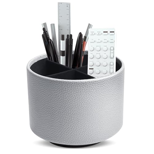 Round Leather Art Supply Organizer,Remote Control Holder,360 Degree Spinning,Multi-Functional Pencil Holder,4 Compartments Desktop Stationary Organizer(1-Lichee Silver) - color: 1-Lichee Silver