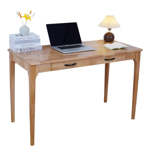 Solid Wood Desk with Drawers, Wooden Computer Desk Teak 47 inch 2 Drawers | Gaming Study Desk for Small Spaces, Writing Work Desk for Bedroom Home Office,Easy Assembly - color: Handle Teak Color 47.2 Inch