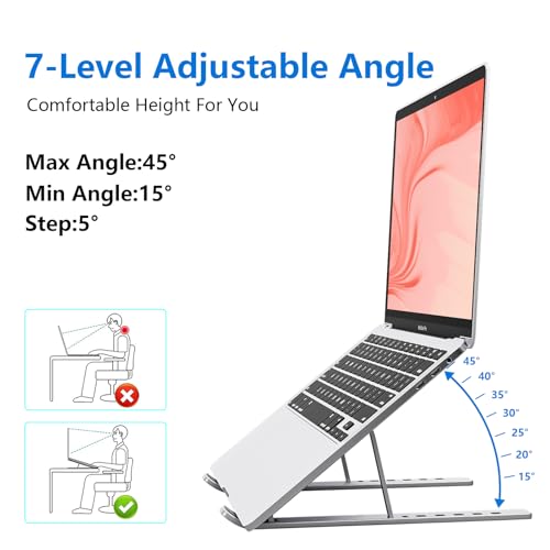 Laptop Stand for Desk, Aluminum Metal MacBook Stand，Computer Riser for Desk, Portable Foldable Adjustable Notebook Holder, Compatible with 10-15.6 Inch Laptops, iPad, Silver. - color: Silver