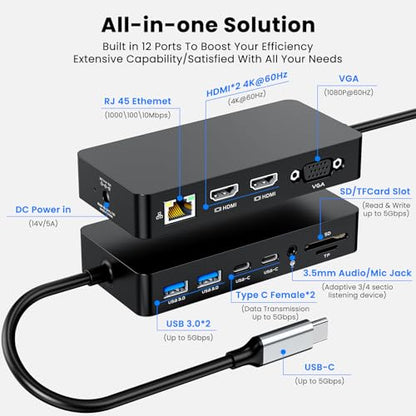 New Surface Thunderbolt 4 Dock Dual HDMI+VGA Adapter 12 in 1 Surface Pro Docking Station for Surface Pro 12/11/10/9/8/X/7+/7,Surface Laptop 7/6/5/4/3,Surface Go 4/3/2/1,Surface Laptop Go/Surface Book