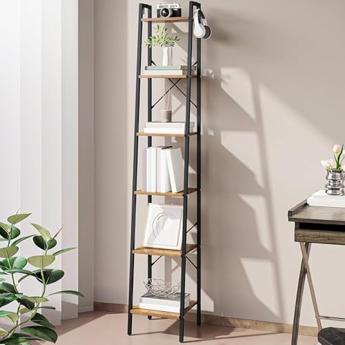 Hzuaneri Ladder Shelf, Bookshelf, Freestanding Corner Storage Shelf | Bookcase with 2 Hooks for Office, Living Room, Kitchen, Bedroom, Industrial, 11.8"D x 13.4"W x 72.8"H, Rustic Brown BC13301B - color: Rustic Brown, size: 11.8"D x 13.4"W x 72.8"H