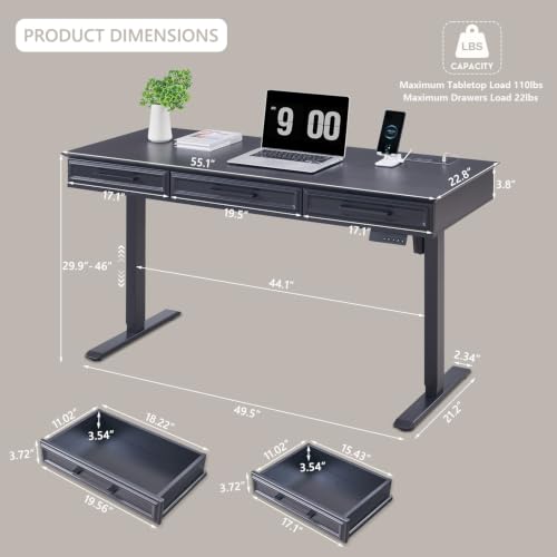 Electric Standing Desk with 3 Storage Drawers, 55x22 Inch Wood Adjustable Height Computer Desk w/One-Piece Desktop, Sit to Stand Up,Power Outlets, Gaming Table for Home Office and Study, Black - color: Black