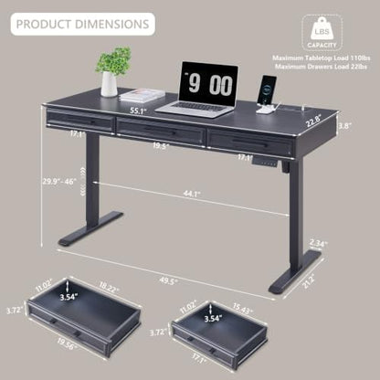 Electric Standing Desk with 3 Storage Drawers, 55x22 Inch Wood Adjustable Height Computer Desk w/One-Piece Desktop, Sit to Stand Up,Power Outlets, Gaming Table for Home Office and Study, Black - color: Black