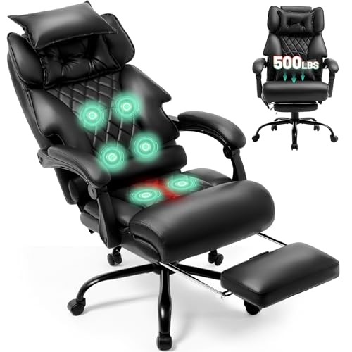 Massage Office Chair with Foot Rest,6 Points Vibration & Heat Executive Office Chairs,500LBS Big and Tall Office Chair for Heavy People,Ergonomic Reclining Desk Chair,Dual-Use Pillow,Home Office,Black - color: Black, size: 6 Point Vibration