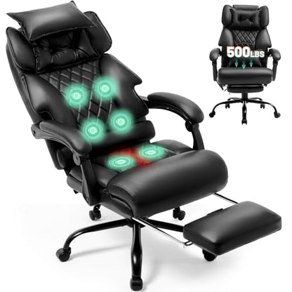 Massage Office Chair with Foot Rest,6 Points Vibration & Heat Executive Office Chairs,500LBS Big and Tall Office Chair for Heavy People,Ergonomic Reclining Desk Chair,Dual-Use Pillow,Home Office,Black - color: Black, size: 6 Point Vibration