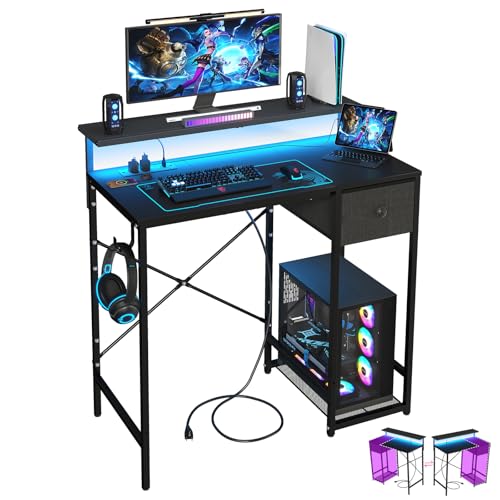 X-cosrack 33.5" Small Gaming Desk with LED Lights & Long Monitor Stand, Compact Computer Desk with Power Outlets & CPU Stand, Gamer Table with Storage Drawer for Home Office, Bedroom Corner, Black - color: Black, size: 33.5" with Long Monitor Stand