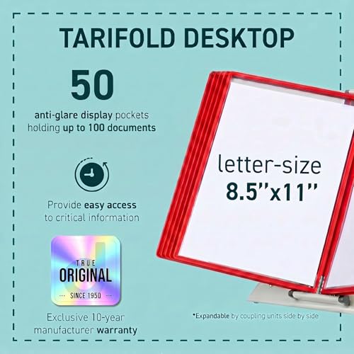 Tarifold Desktop Reference Display System, 50 Pockets, Expandable, Red | 50 Double-Sided PVC Pockets, Holds 100 Letter-Size Sheets, Sturdy Metal Base, Quick-Find Indexing, Quick and Easy to Assemble - color: Red, size: 50 Pockets