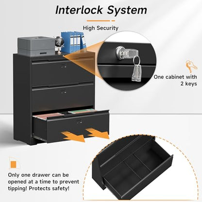 Bestoo 3 Drawer File Cabinet, Metal Lateral Filing Cabinet with Lock - color: Black, size: 3 Drawer 15.7"D x 35.4"W x 40"H