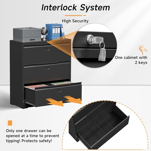 Bestoo 3 Drawer File Cabinet, Metal Lateral Filing Cabinet with Lock - color: Black, size: 3 Drawer 15.7"D x 35.4"W x 40"H
