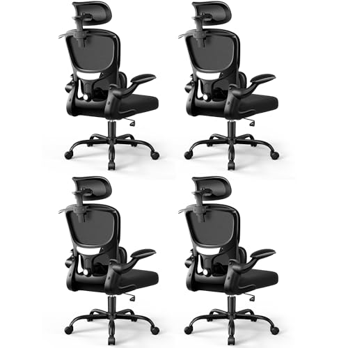 ALLGOD Ergonomic Office Chair, Mesh Home Desk Chair with Lumbar Support | Comfortable Computer Gaming Chair with 90° Flip-Up Armrests, Adjustabel Headrest, 45° Rocking Function, 300 LBS Black-4 Pack - color: Black(hot), size: 4 Pack