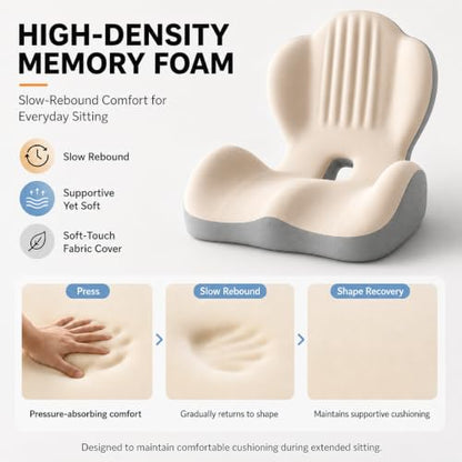 Saker Ergonomic Memory Foam Seat Cushion with Back Support, 2-in-1 Coccyx Cutout Chair Pad for Office, Car, Gaming Chair and Wheelchair, Contoured Lumbar Support for Long Sitting (Black)