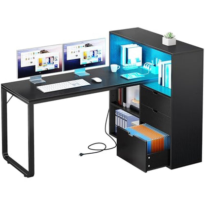 YITAHOME L Shaped LED Desk with Power Outlets & File Cabinet, Black - color: Black