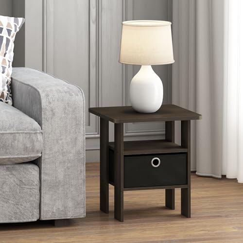 Furinno ANDREY Square Side Table, End Table, Night Stand, Dark Walnut | Open Shelves, Storage Bin, Soft-Corner, Modern Bedside Table for Small Spaces, Study, Dorm, Living Room, Bedroom - color: Dark Walnut, size: 1-Pack, Center Bin