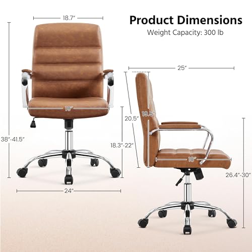 Yaheetech Retro Brown Office Chair PU Leather Rocking Desk Seat with Arms | Foam-padded channel-stitched PU leather back supports desk hours; chrome frame rocks, adjusts in height, rolls on casters. - color: Retro Brown