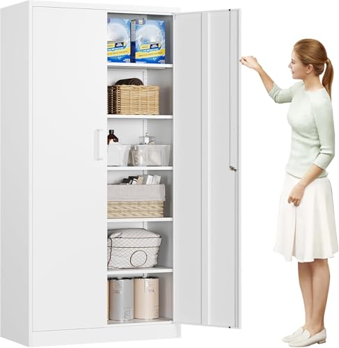 MIIIKO Metal Storage Cabinet with Lock, 71” Steel Storage Cabinet with 2 Doors and 5 Adjustable Shelves, for Office, School. - color: White, style: 71"H-Handle
