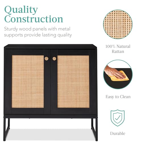 Best Choice Products 2-Door Rattan Storage Cabinet, Accent Furniture, Multifunctional Cupboard for Living Room, Hallway, Kitchen, Sideboard, Buffet Table w/Non-Scratch Foot Pads - Black - color: Rattan, Black